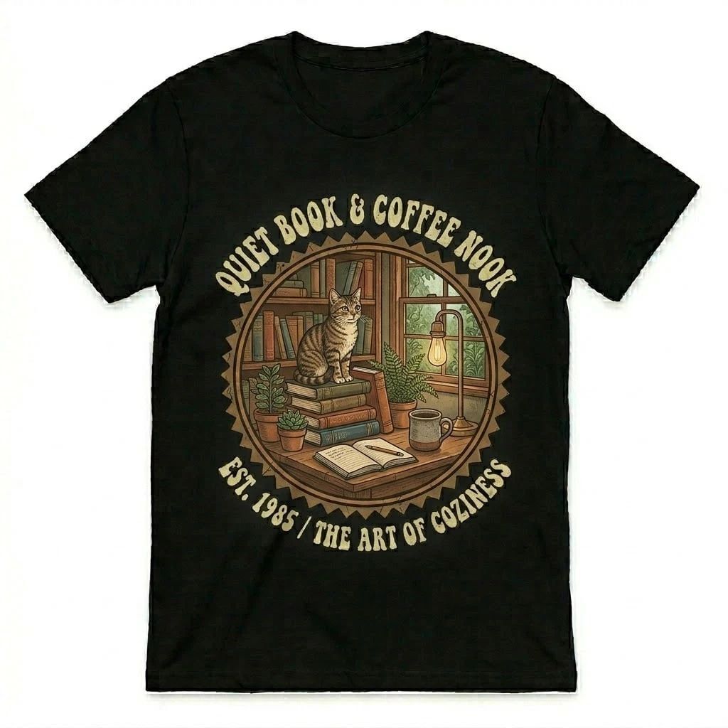 Quiet Book & Coffee Nook Vintage Cat Lover Gift Retro 1985 Bookworm Tee Unisex