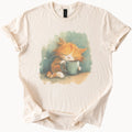 Ginger Cat Coffee Cup Graphic Tee Whimsical Animal Art Natural Shirt Unisex