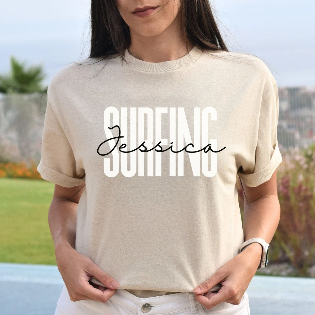 Personalized Surfing gift Custom name Surfer surf lover Unisex Tee Sand Unisex