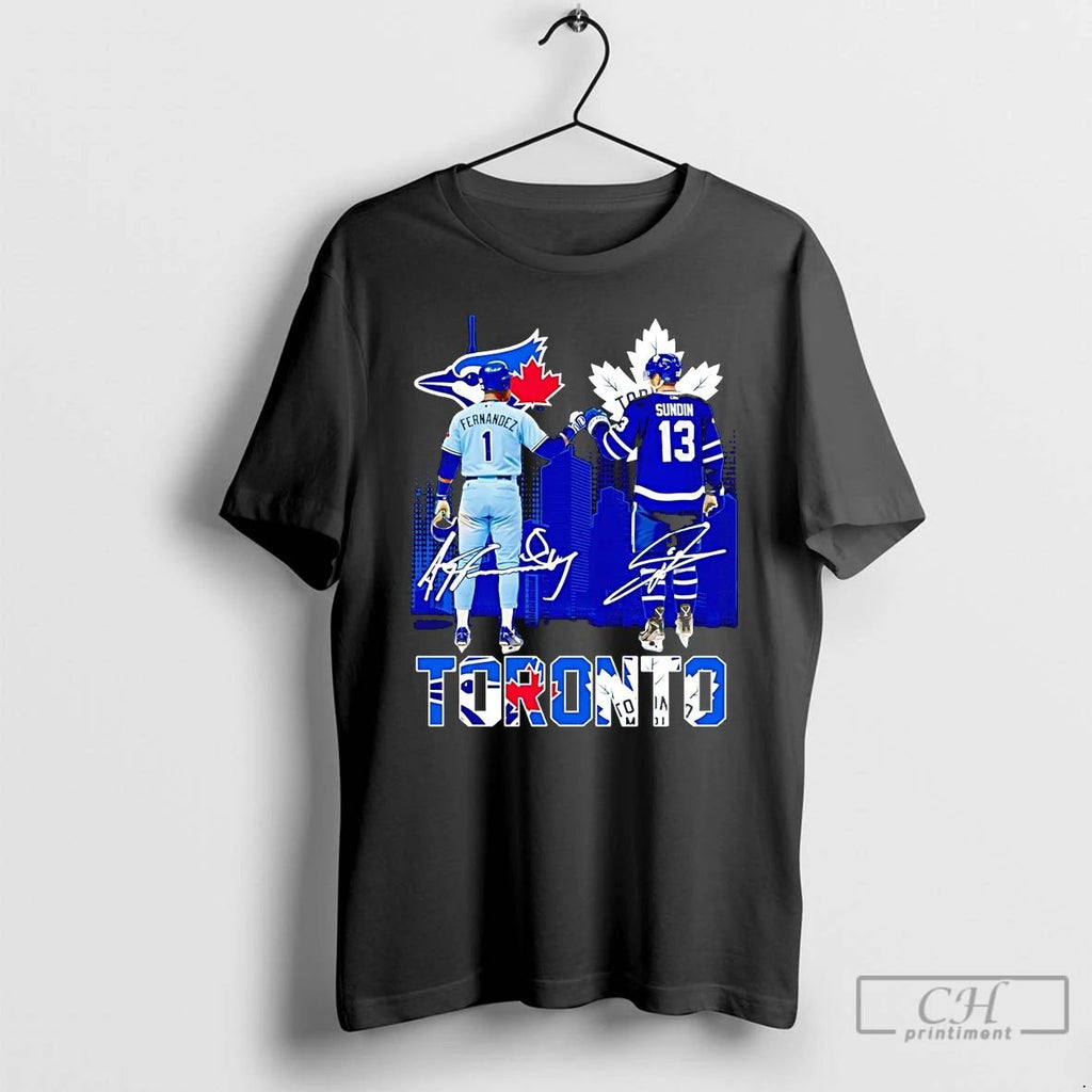 Classic Blue Jays Fernandez And Maple Leafs Sundin Fist Bump Toronto Skyline T Shirts Unisex