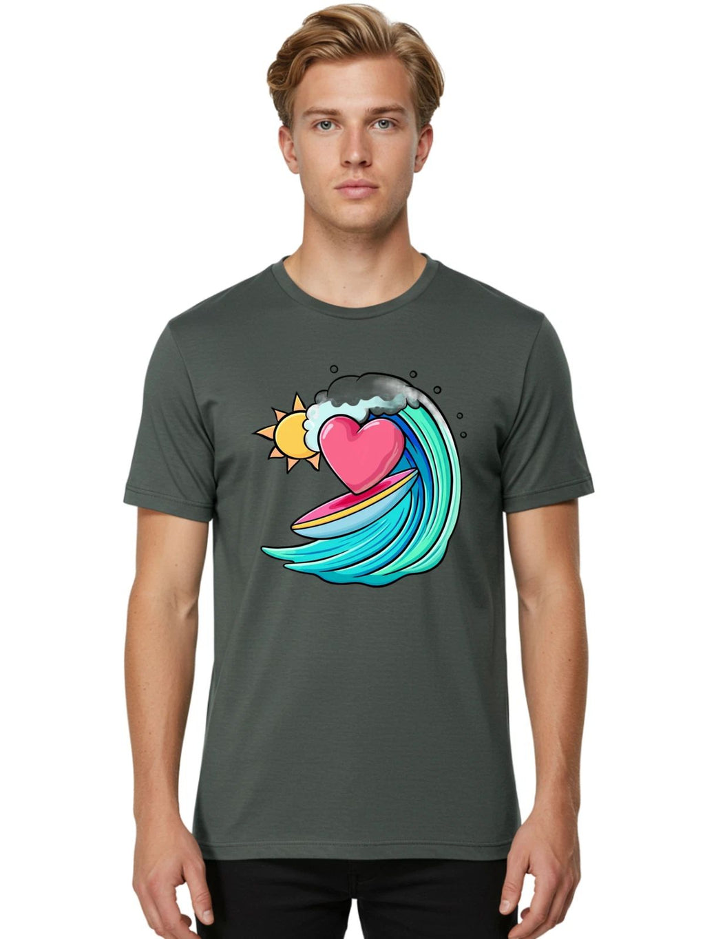 Surfing-Heart Mens Graphic Tee, 100% Cotton, Casual Summer Wear Unisex