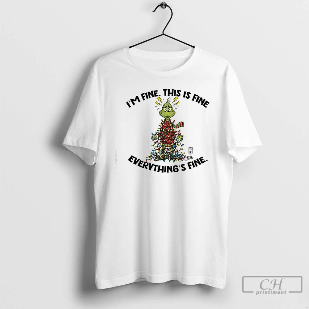Premium Xmas Grinch X Christmas Lights Im Fine This Is Fine Everythings Fine T Shirts Unisex