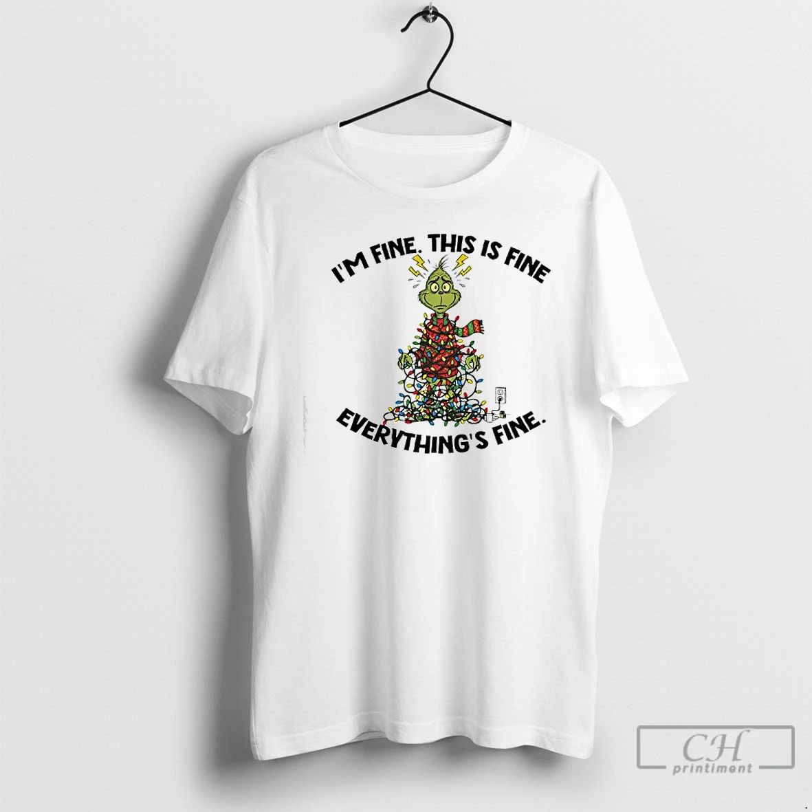 Premium Xmas Grinch X Christmas Lights Im Fine This Is Fine Everythings Fine T Shirts Unisex