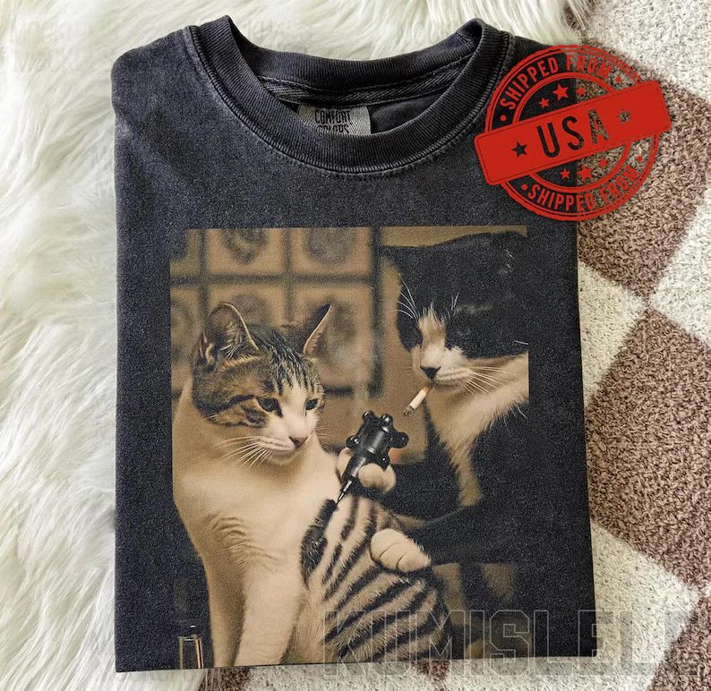 Retro Cat Tattoo Meme Comfort Tee Funny Vintage Animal Lover Gift Unisex