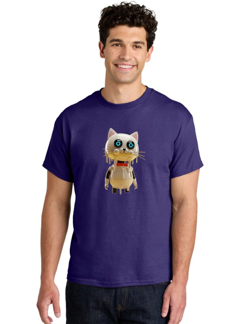Melting-Cat-Robot Mens Graphic Tee, 100% Cotton, Casual Summer Wear Unisex