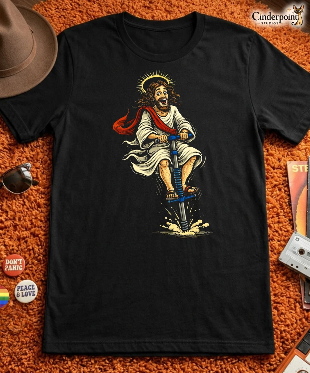 Jumpin Jesus on a Pogo Stick Retro Lowbrow Sacrilegious Graphic Tee S-5X Unisex