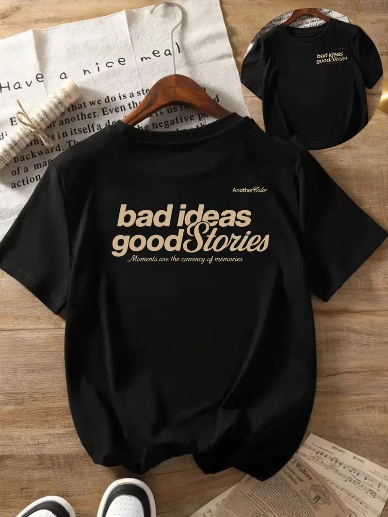 Trendy Men's Short Sleeve Tee "Bad Ideas, Good Stories" for Summer Unisex