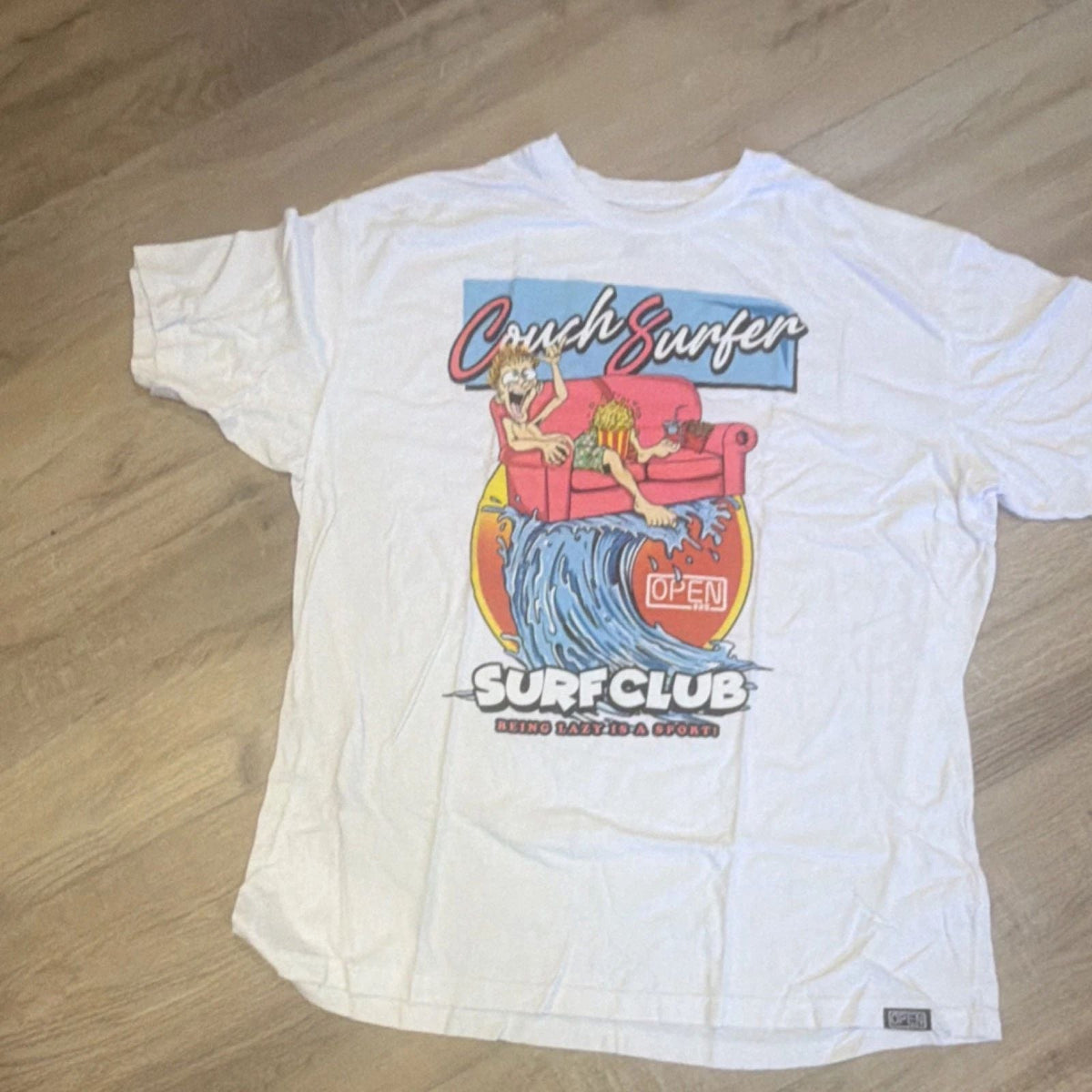 OPEN925 White Couch Surfer Surf Club Graphic Men's 4XL Cotton Crew Neck Unisex