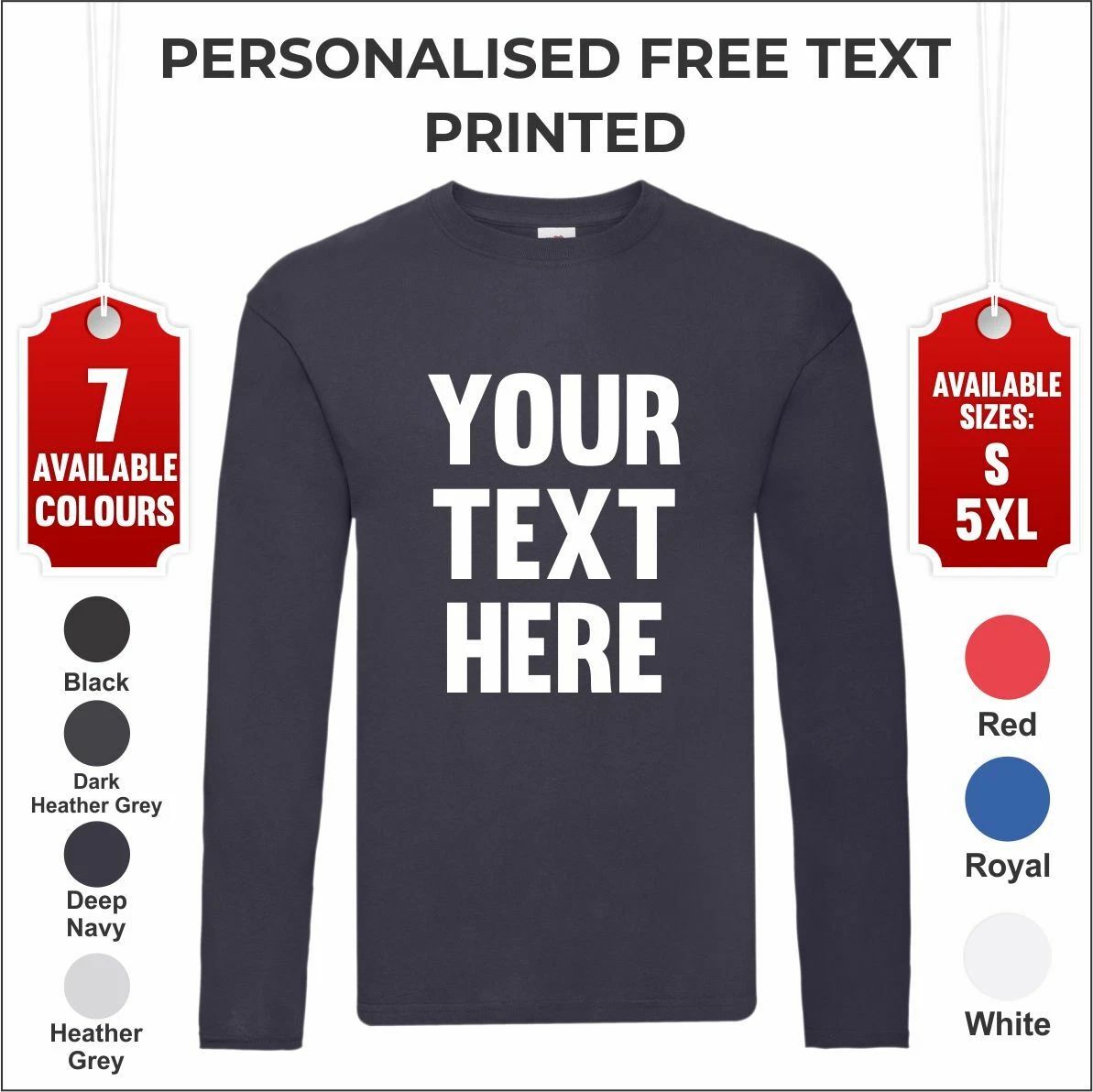 Personalised Fruit of the Loom Mens T Original Custom Printed Long Sleeve TShirt Unisex
