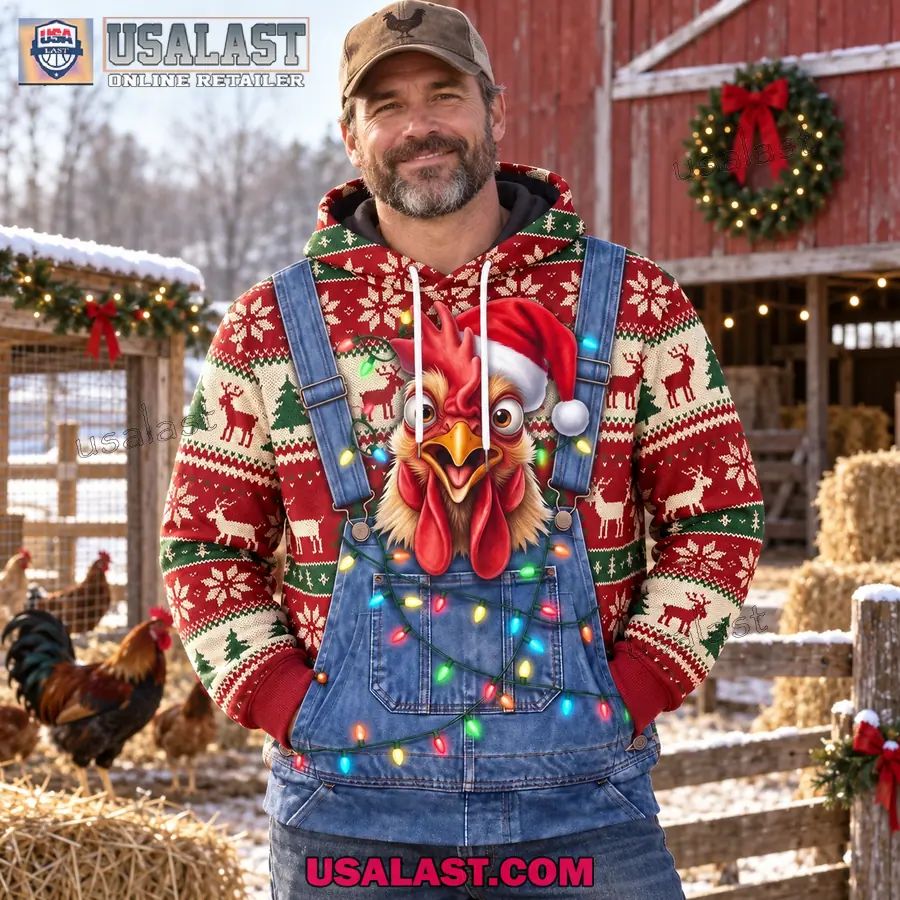 Funny Santa Rooster Overalls Ugly Christmas 3D Hoodie