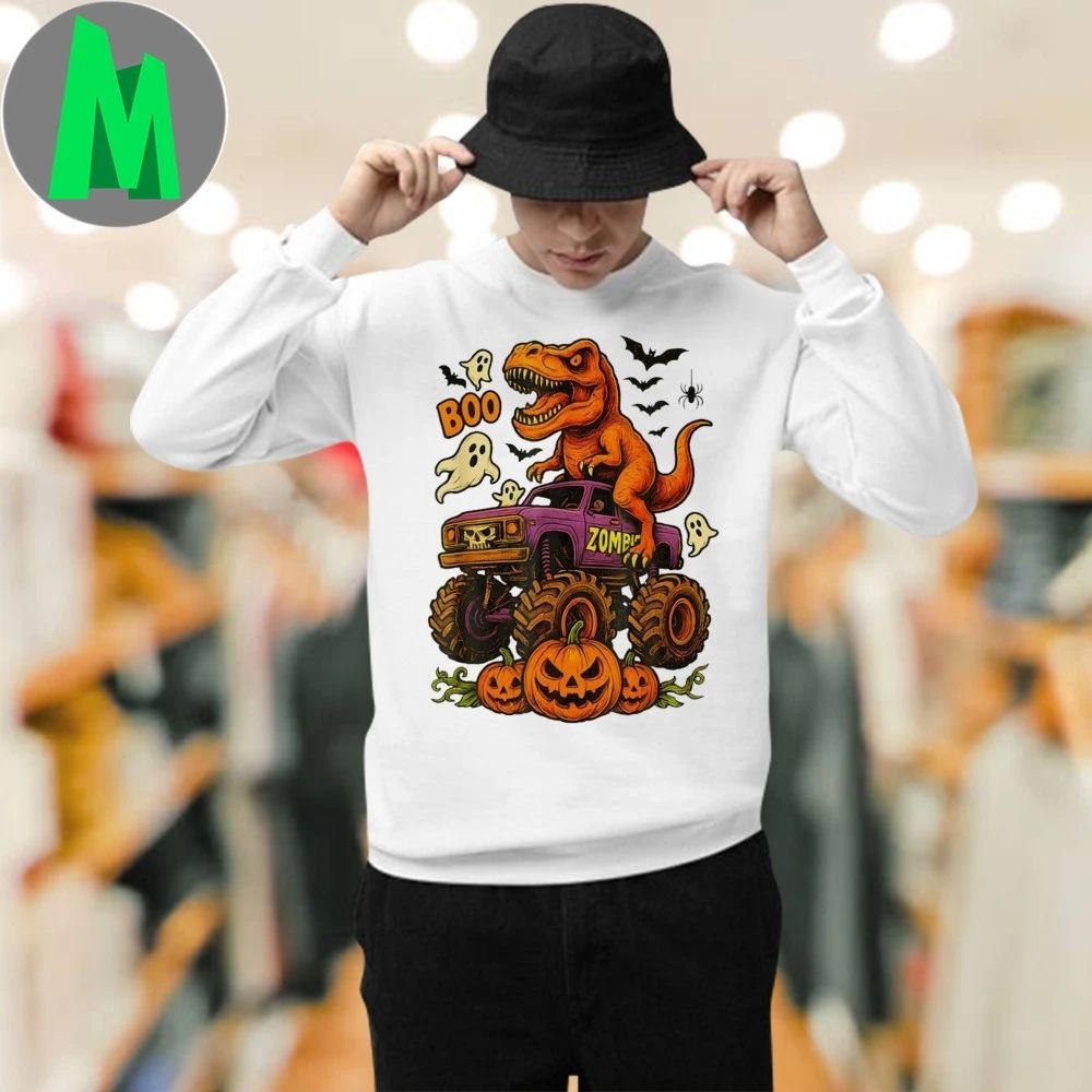 Halloween T Rex Dinosaur Monster Truck Boo Ghost Pumpkin Shirt Unisex