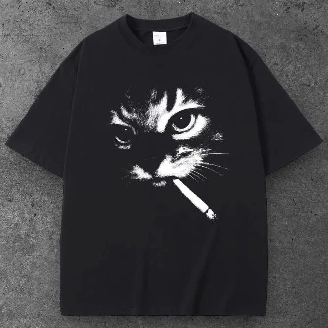 Unisex Smoking Cat Oversized T Shirt Black Y2K Grunge Streetwear S-2XL Unisex