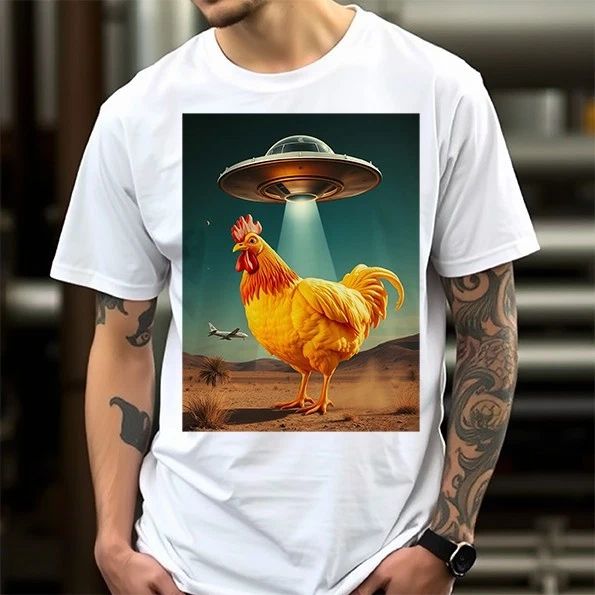 Funny ROOSTER CHICKEN UFO Animal Farm Cool Sci Fi for Gift Idea Tee Top Unisex