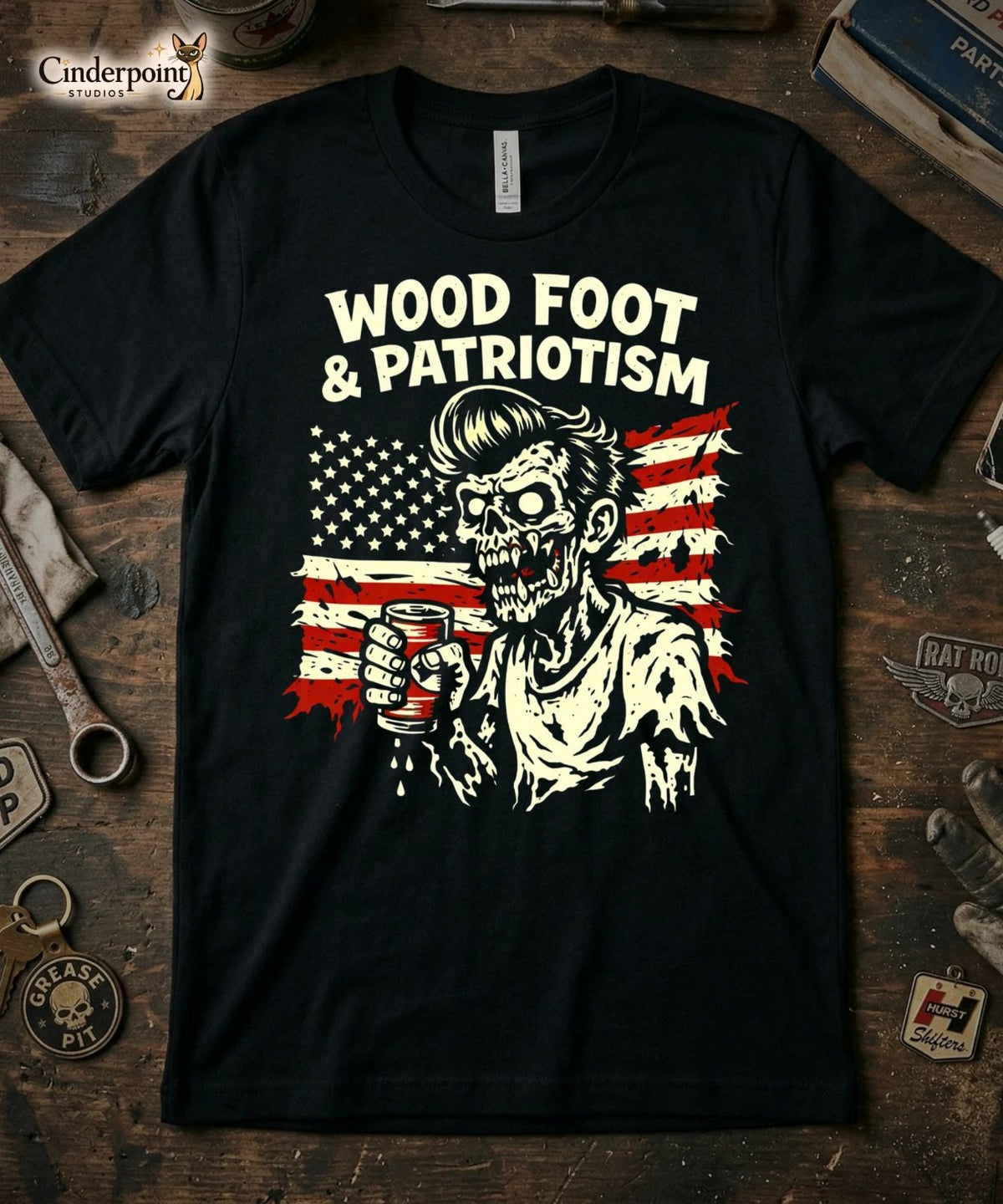 Wood Foot & Patriotism Zombie Gear Head Flag Retro Graphic Tee XS-5X Unisex