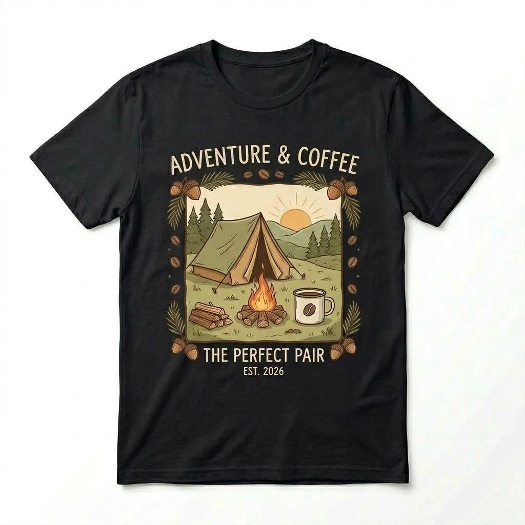 Adventure & Coffee Camping Hiking Outdoors Tee Perfect Pair Est 2026 Unisex