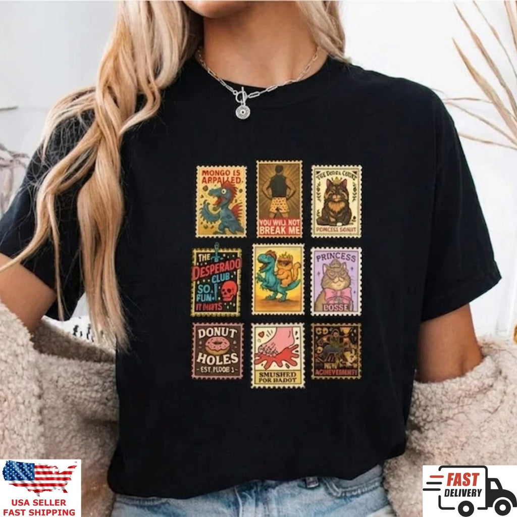 Retro Cartoon Stamp Collage T Shirt Funny Aesthetic Vintage Graphic Tee Unisex