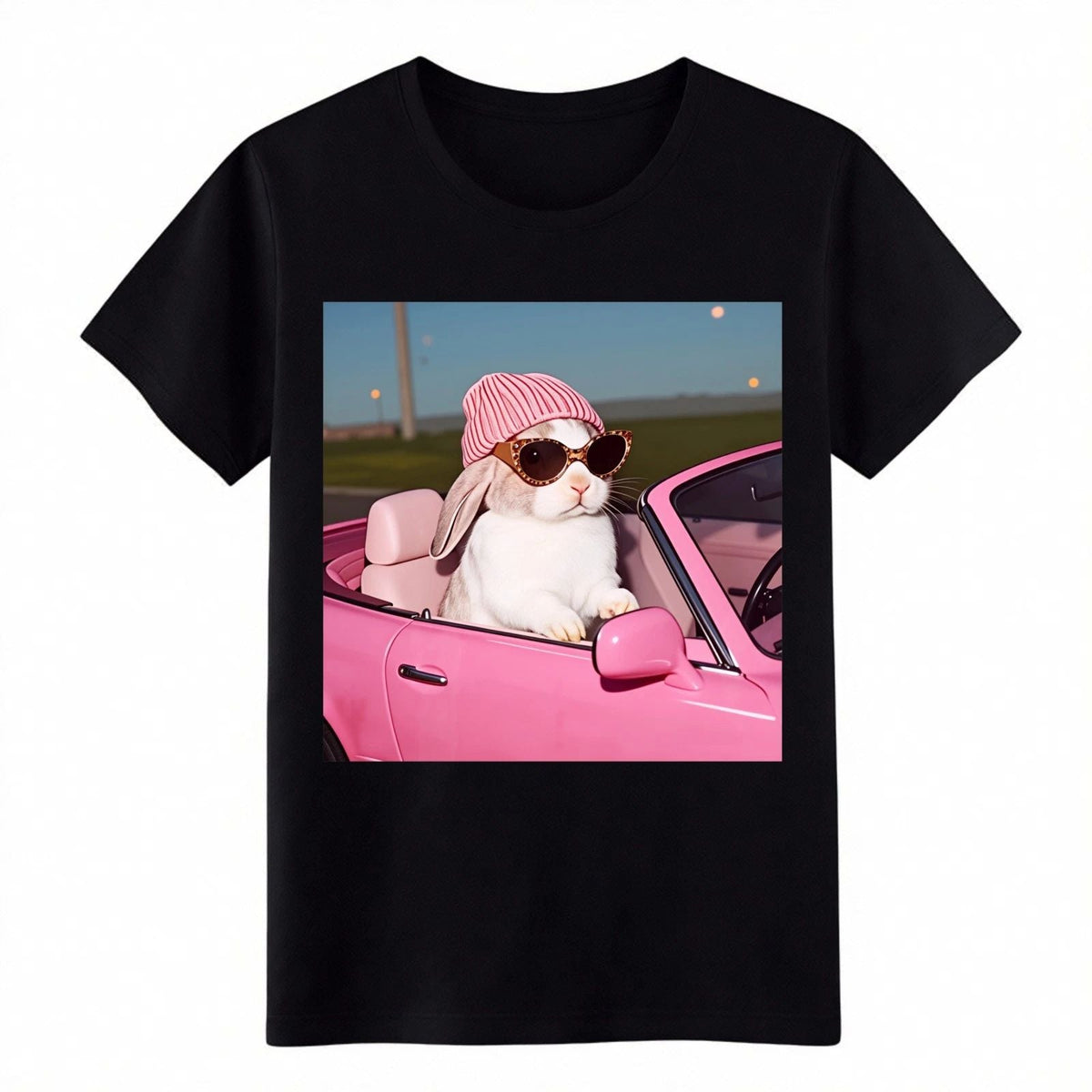 Cool Bunny in Pink Convertible -Funny Retro Car Graphic Tee for Men&Women Unisex