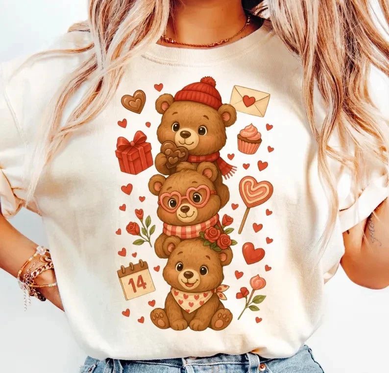 Cute Valentine Bears Stack Comfort Adorable Family Love Graphic Tee Unisex