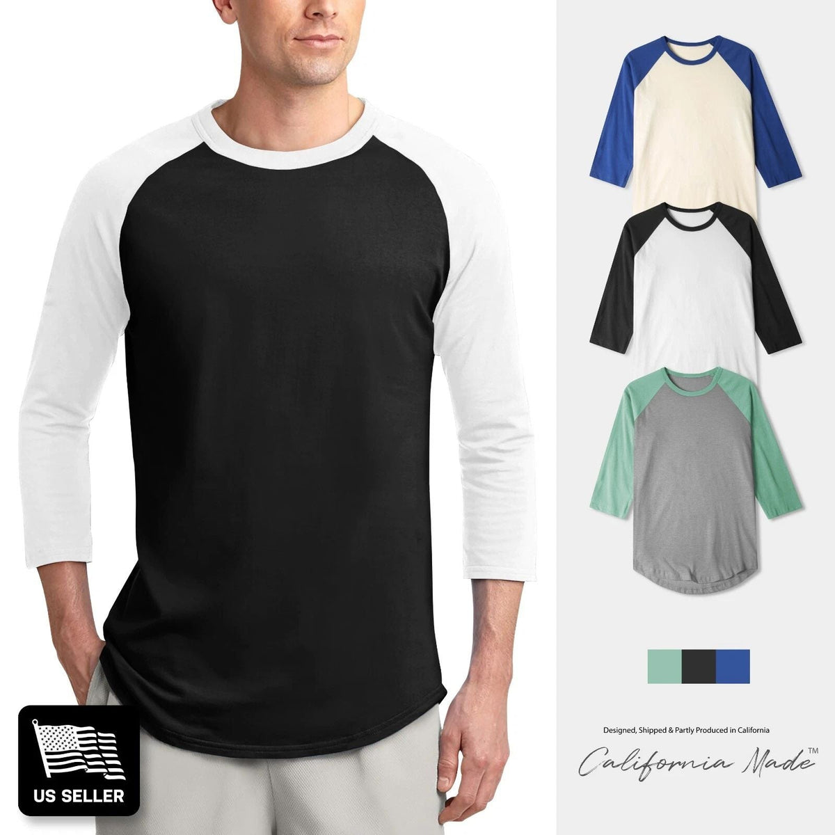 Mens Soft Cotton Raglan 3/4 Sleeve T Shirt Baseball Tee Active Casual Team Unisex