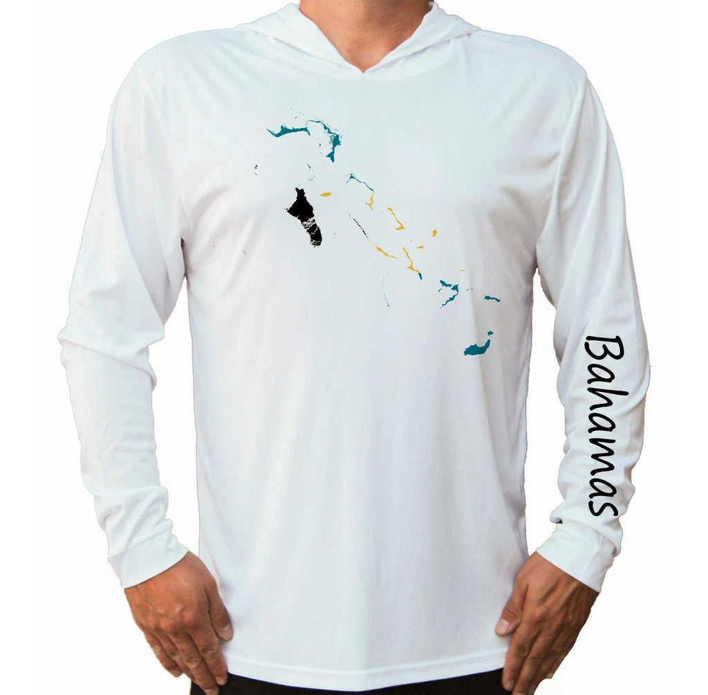 The Bahamas Flag Map Sport UV Protected UPF 50 Long Sleeve Hood Fishing Unisex