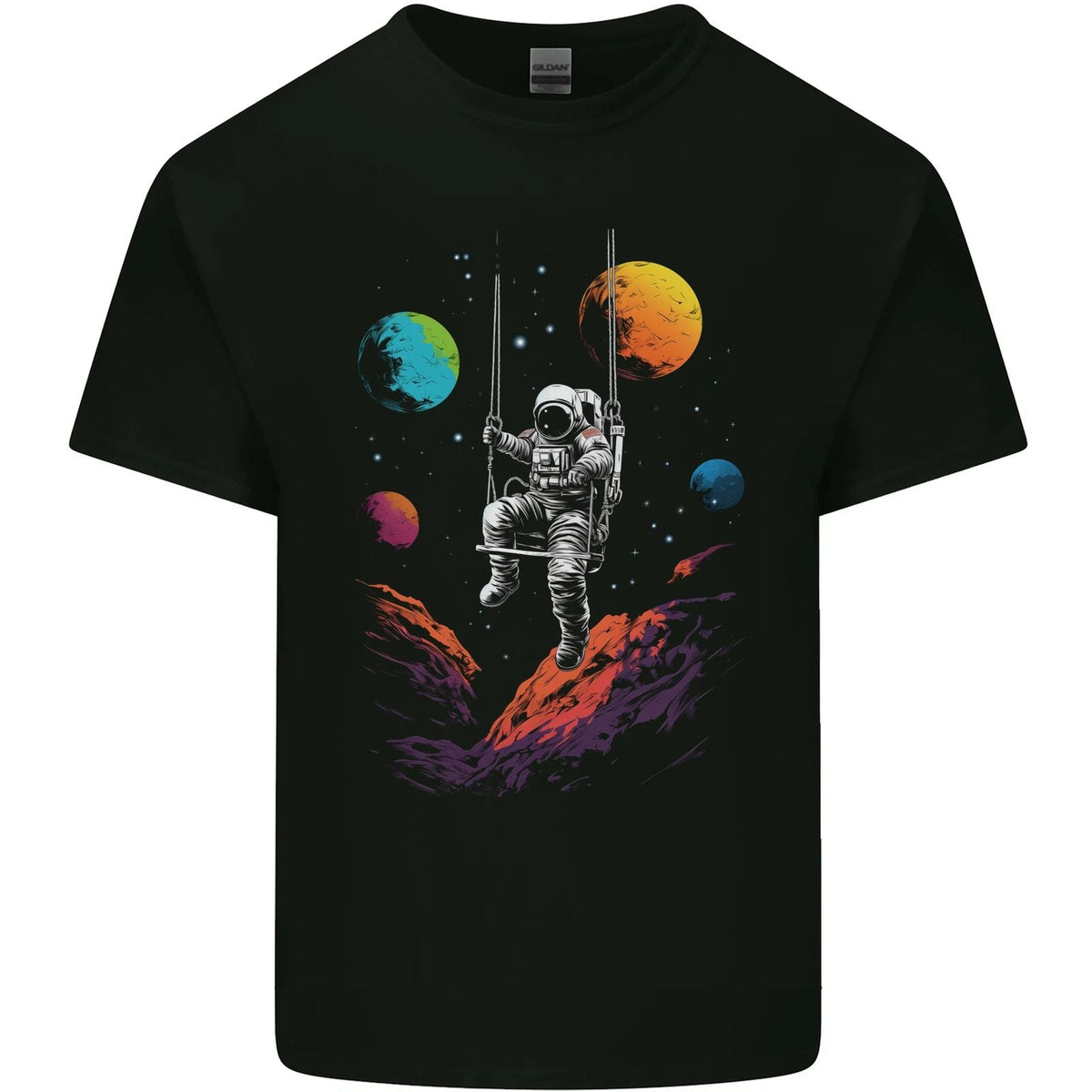 Cosmic Swing Fantasy Astronaut in Space Planets Mens Cotton Tee Top Unisex