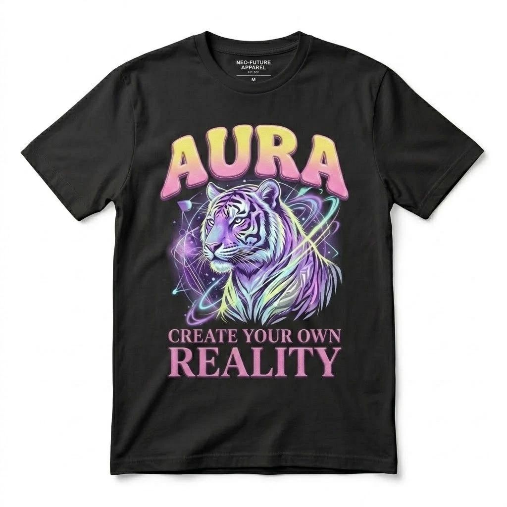 Aura Tiger Create Your Own Reality Vaporwave Aesthetic Graphic Tee Black Unisex