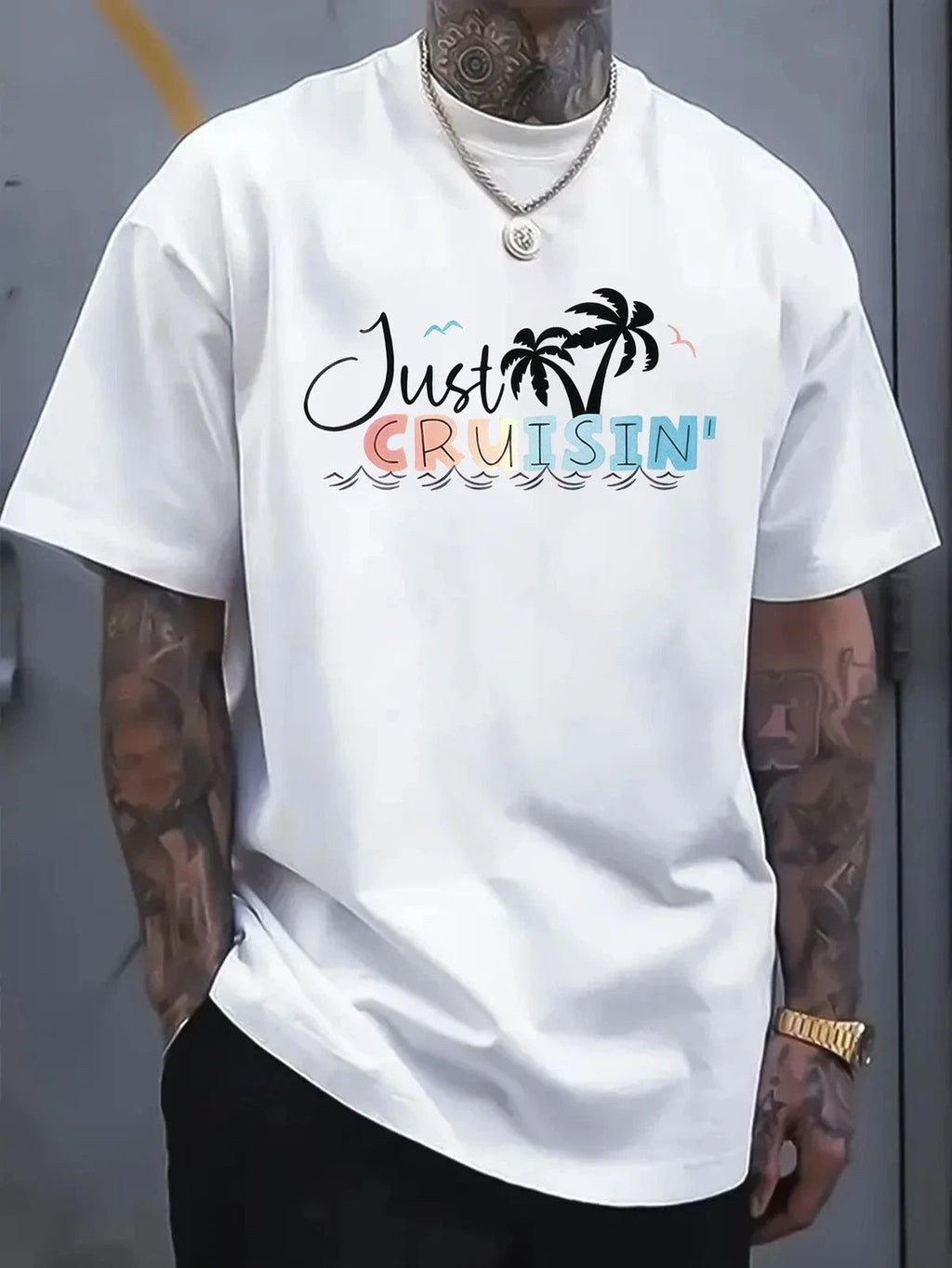 Just Cruisin' Print , Short Sleeve Casual Top, Crew Neck Short Sleeve Com Unisex