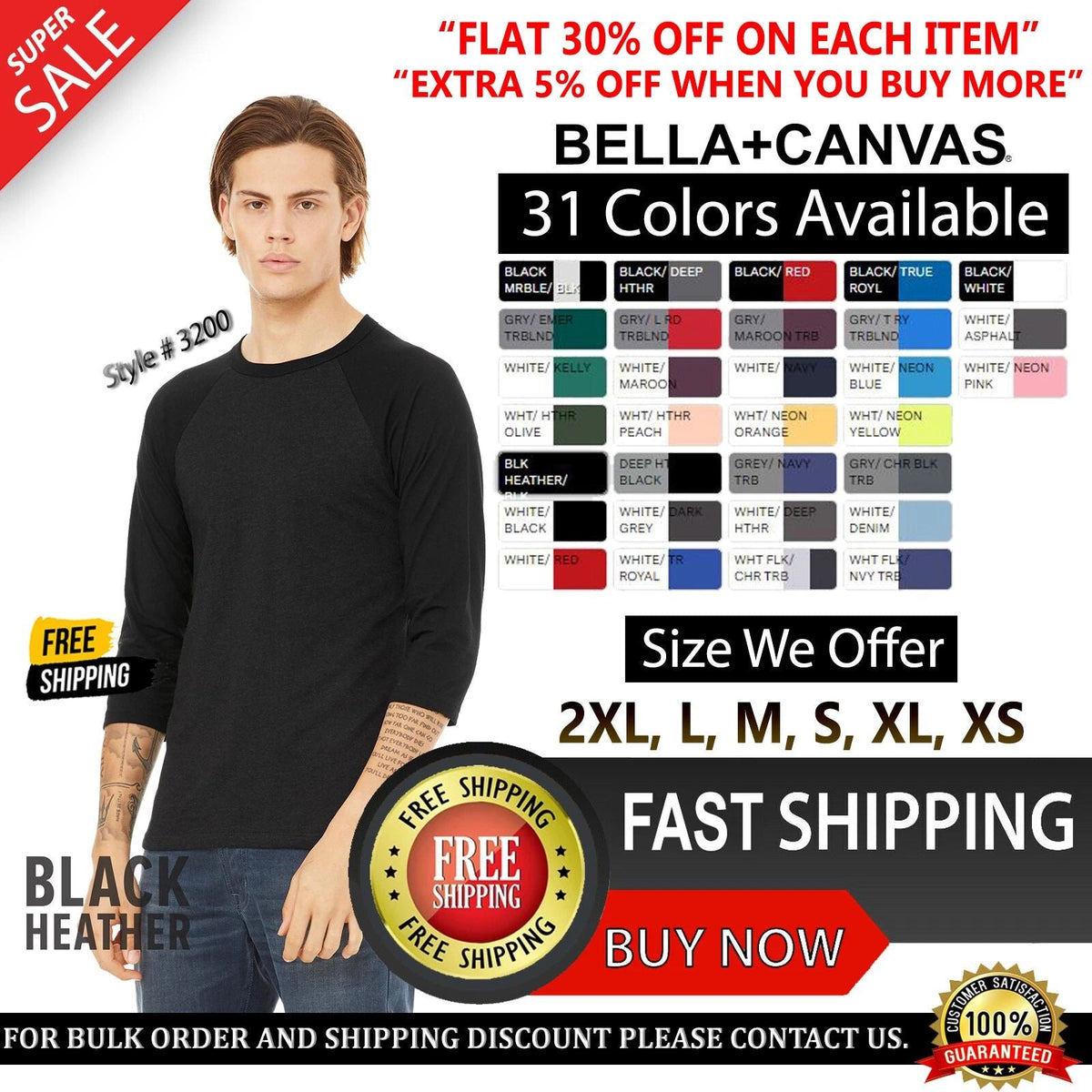 Bella + Canvas Unisex 3/4-Sleeve Baseball 3200 Top T Shirt XS-2XL Tee Unisex