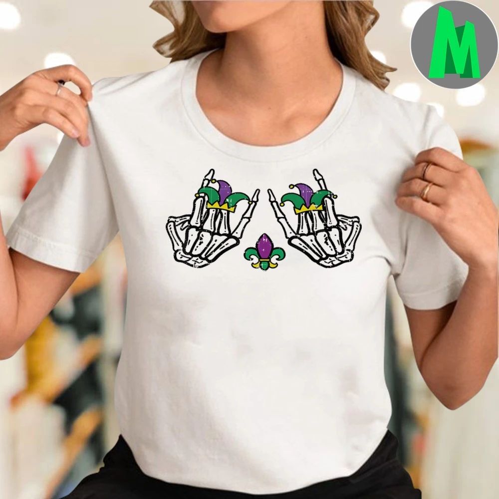 Mardi Gras Skeleton Rocker Hands Rock Music Shirt Unisex