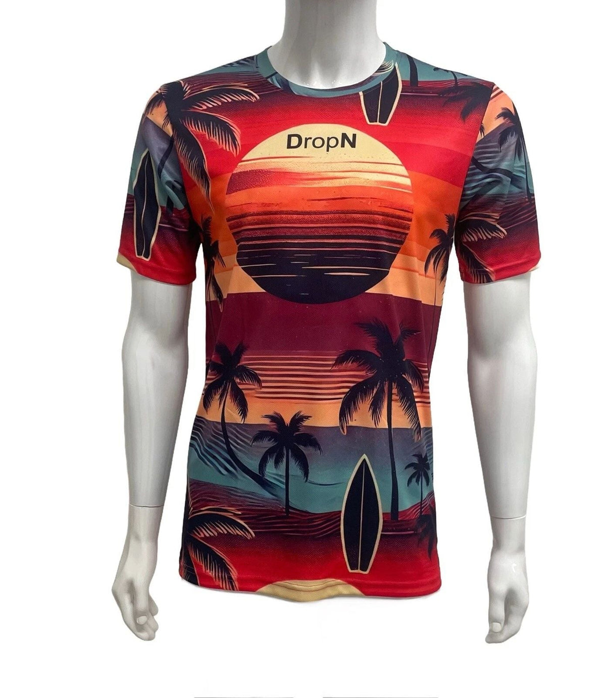 DropN Designer Surf Skater Tshirt Sunsets Palm Trees Surfboard Sky size Small Unisex