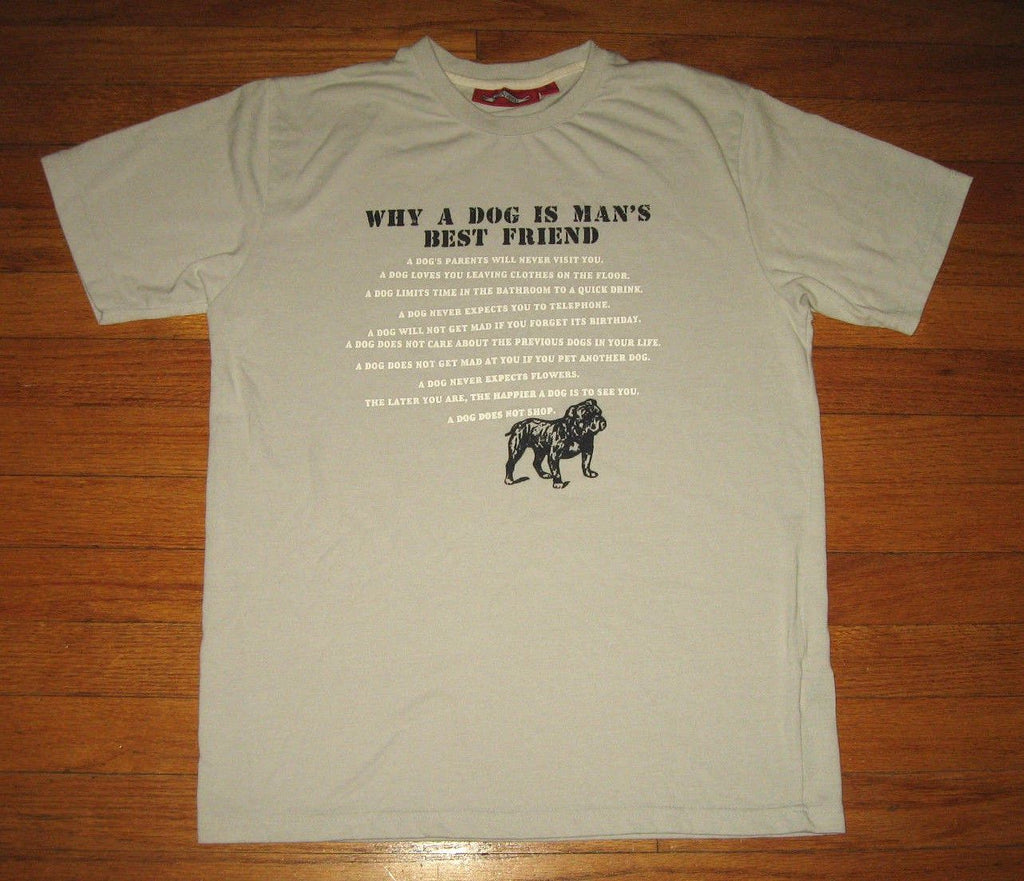 "WHY DOG IS MAN'S BEST FRIEND" Tee, Men's Size SMALL, Gray Tee w/ FUNNY REASONS Unisex