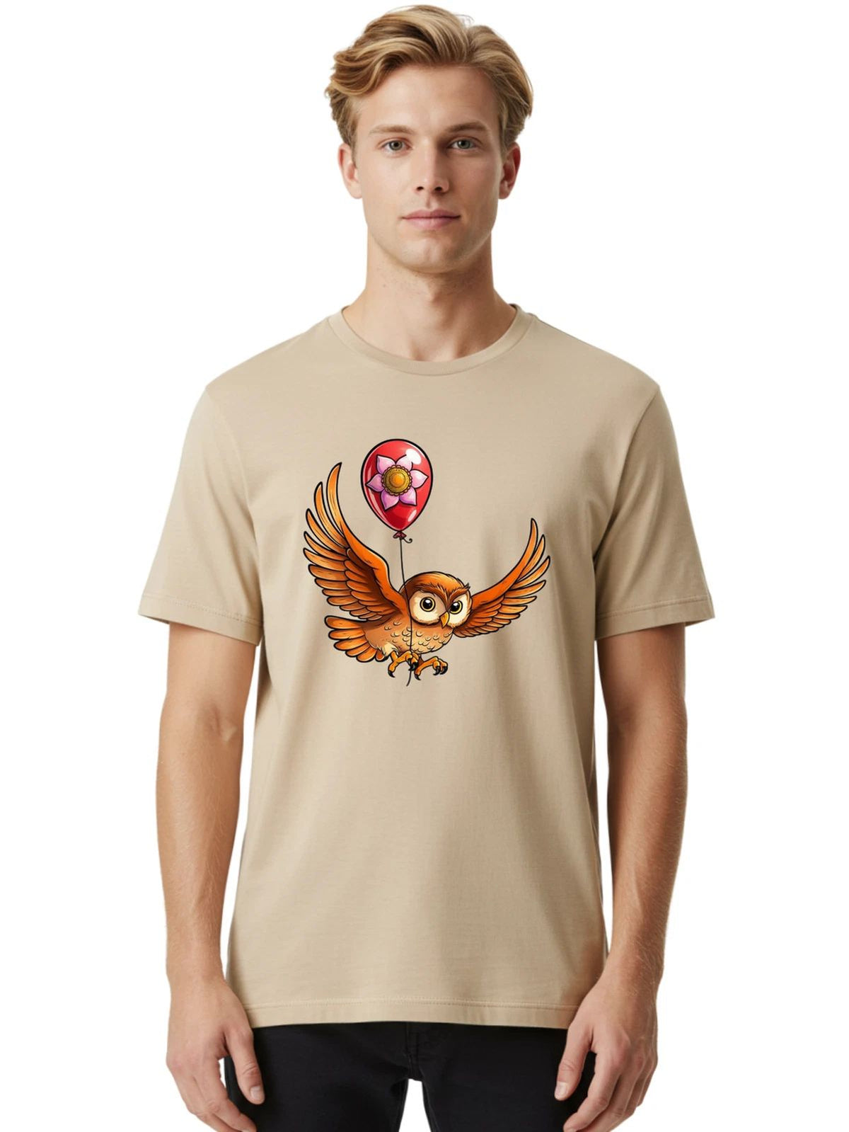Owl-With-Balloon-Flower Mens Graphic Tee, 100% Cotton, Casual Summer Wear Unisex