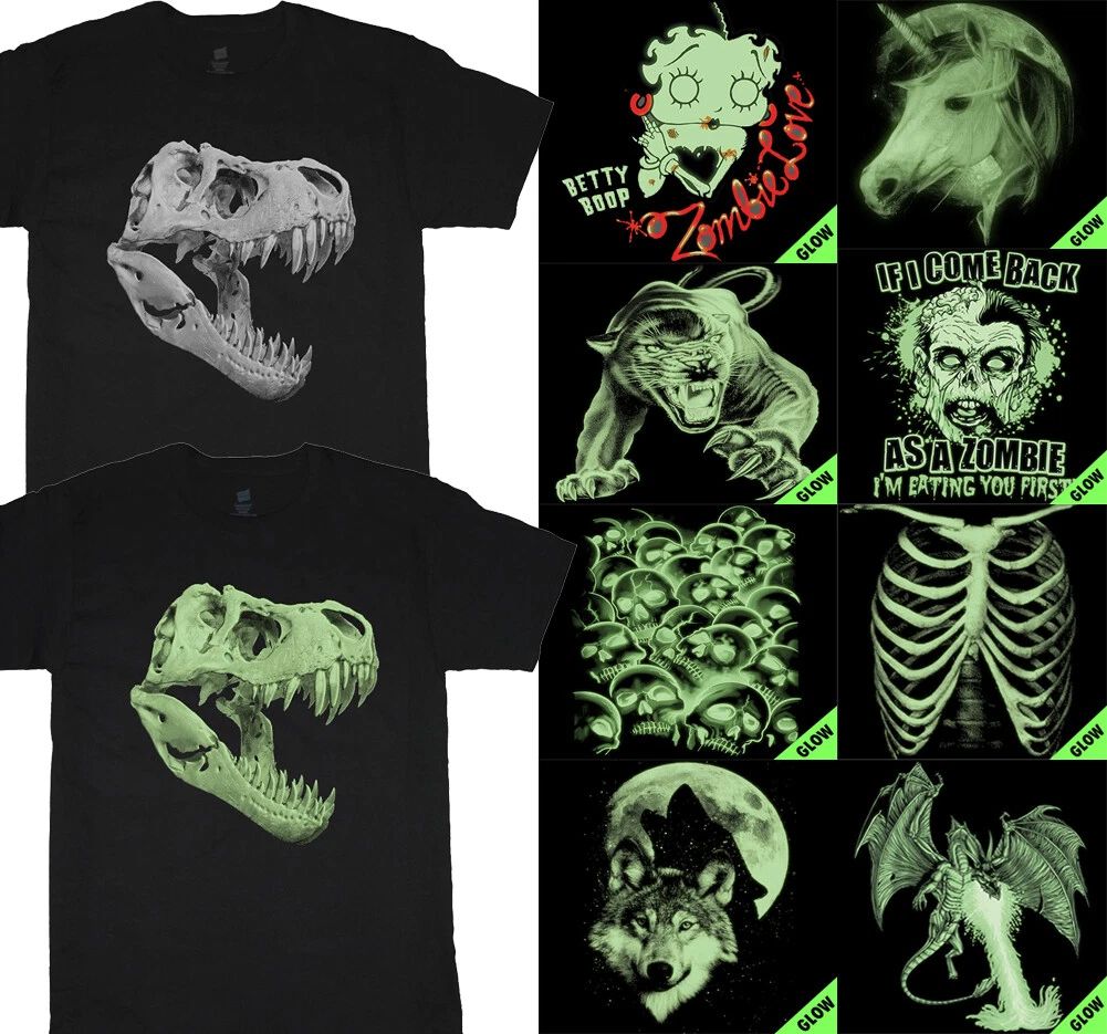 Glow In the Dark Mens Halloween Costume Skeleton Skull T-Rex Zombie Tee Unisex
