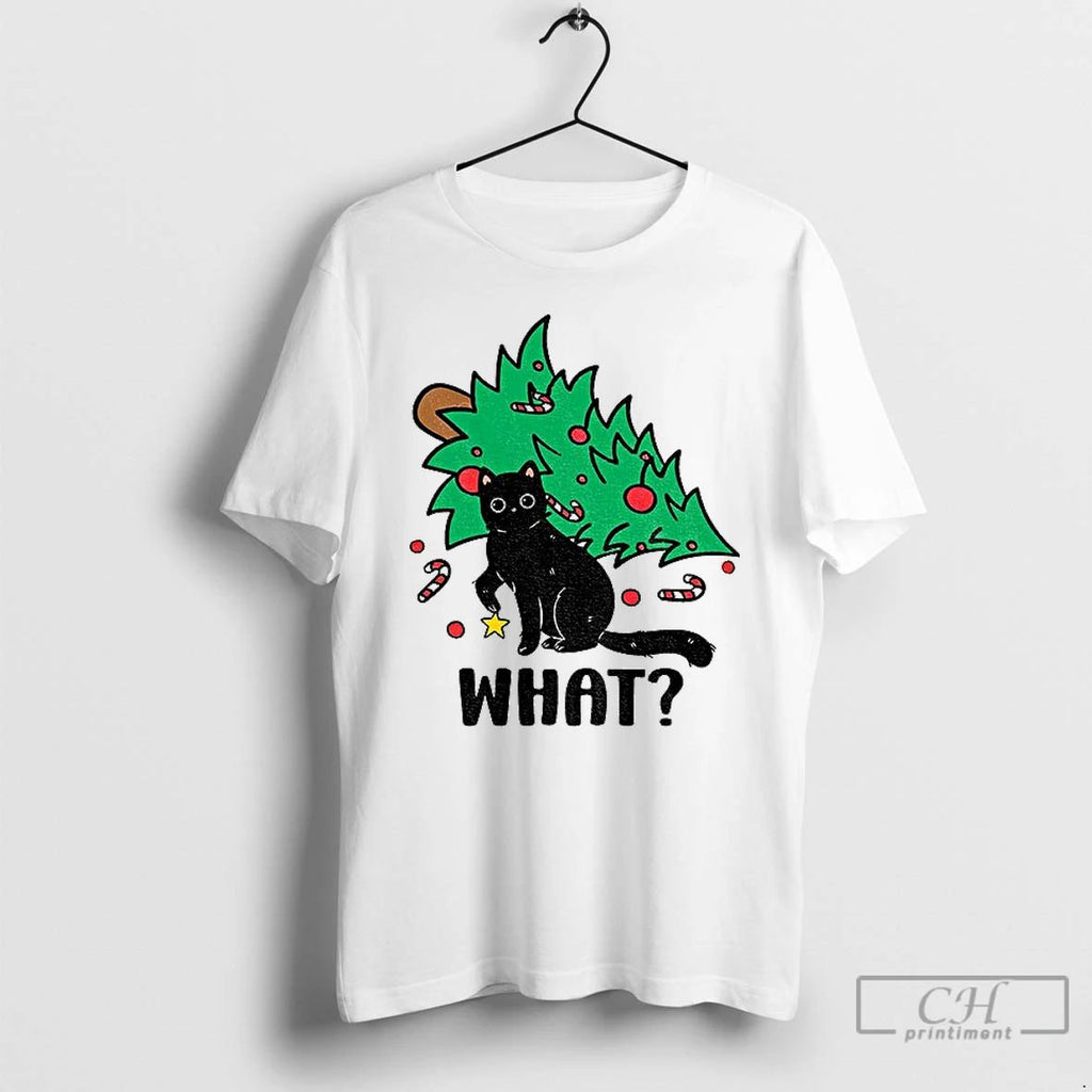 Classic Black Cat Causing Trouble What Christmas Tree Xmas T Shirts Unisex