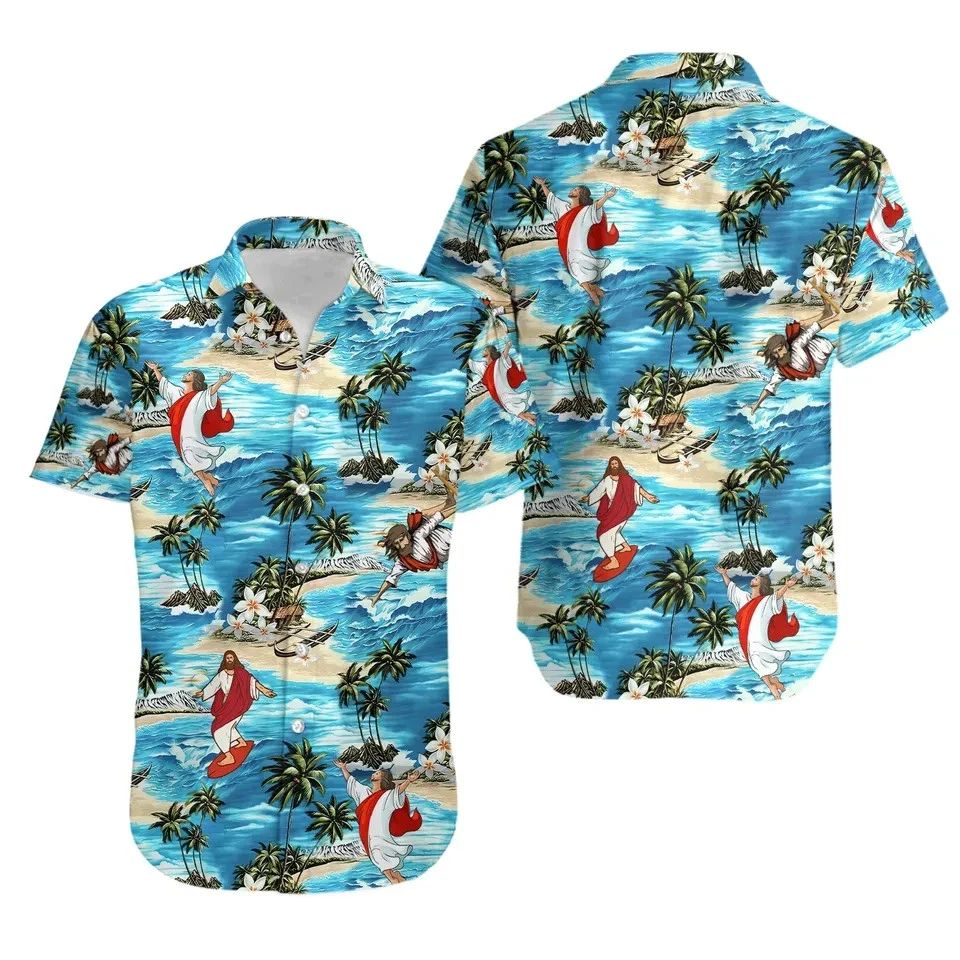 Jesus Funny Time Surfing Hawaiian Shirt Full Size S-5XL Unisex