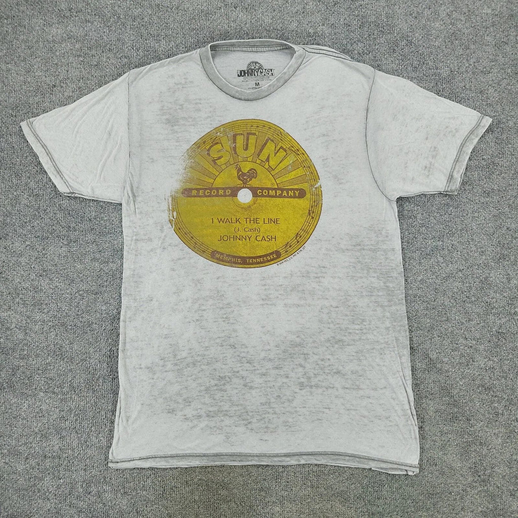 Johnny Cash Shirt Men's Medium Gray I Walk The LIne Burnout Sheer Short Sleeve Unisex