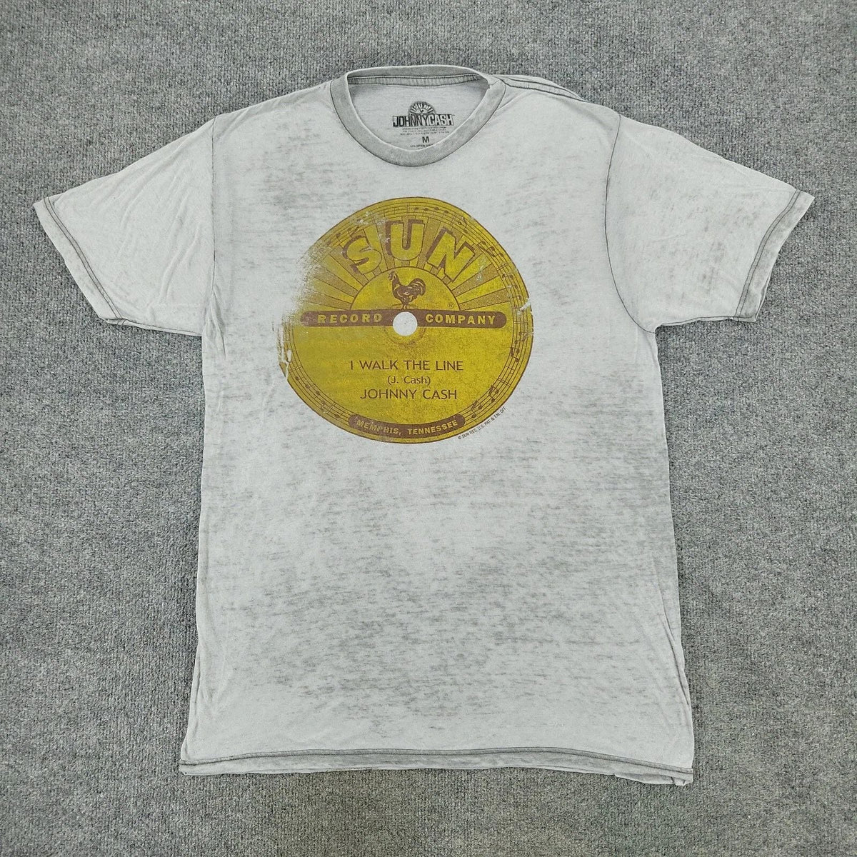 Johnny Cash Shirt Men's Medium Gray I Walk The LIne Burnout Sheer Short Sleeve Unisex