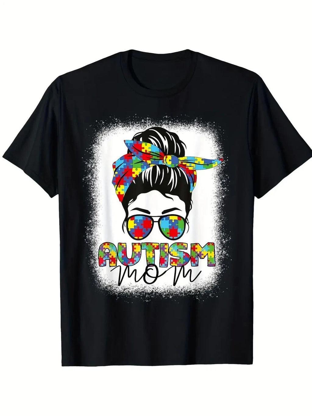 Autism Mom Life Messy Bun Graphic - Black Casual Short Sleeve Cotton Tee Unisex
