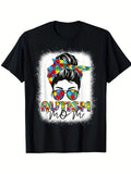 Autism Mom Life Messy Bun Graphic - Black Casual Short Sleeve Cotton Tee Unisex