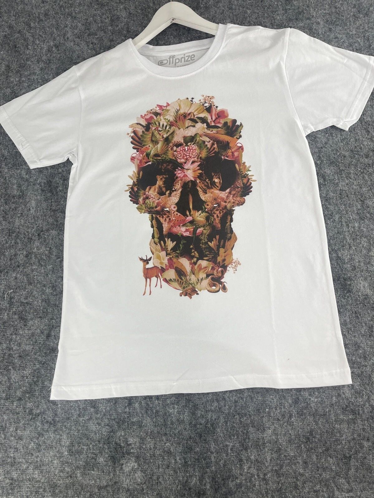 Off Prize Shirt Mens Medium Skull Print Floral Tee White Slim Fit Deer N109 Unisex