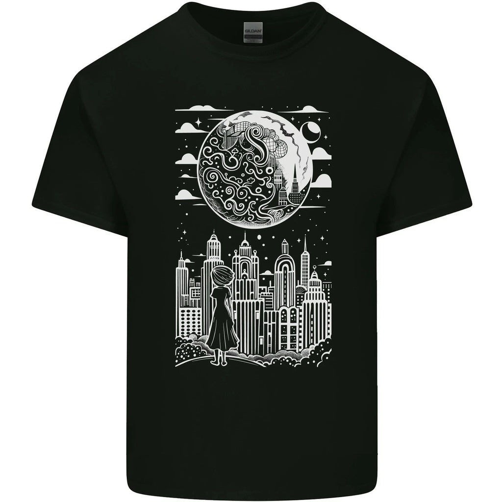 Fantasy City Black and White city Anime Mens Light Cotton Unisex