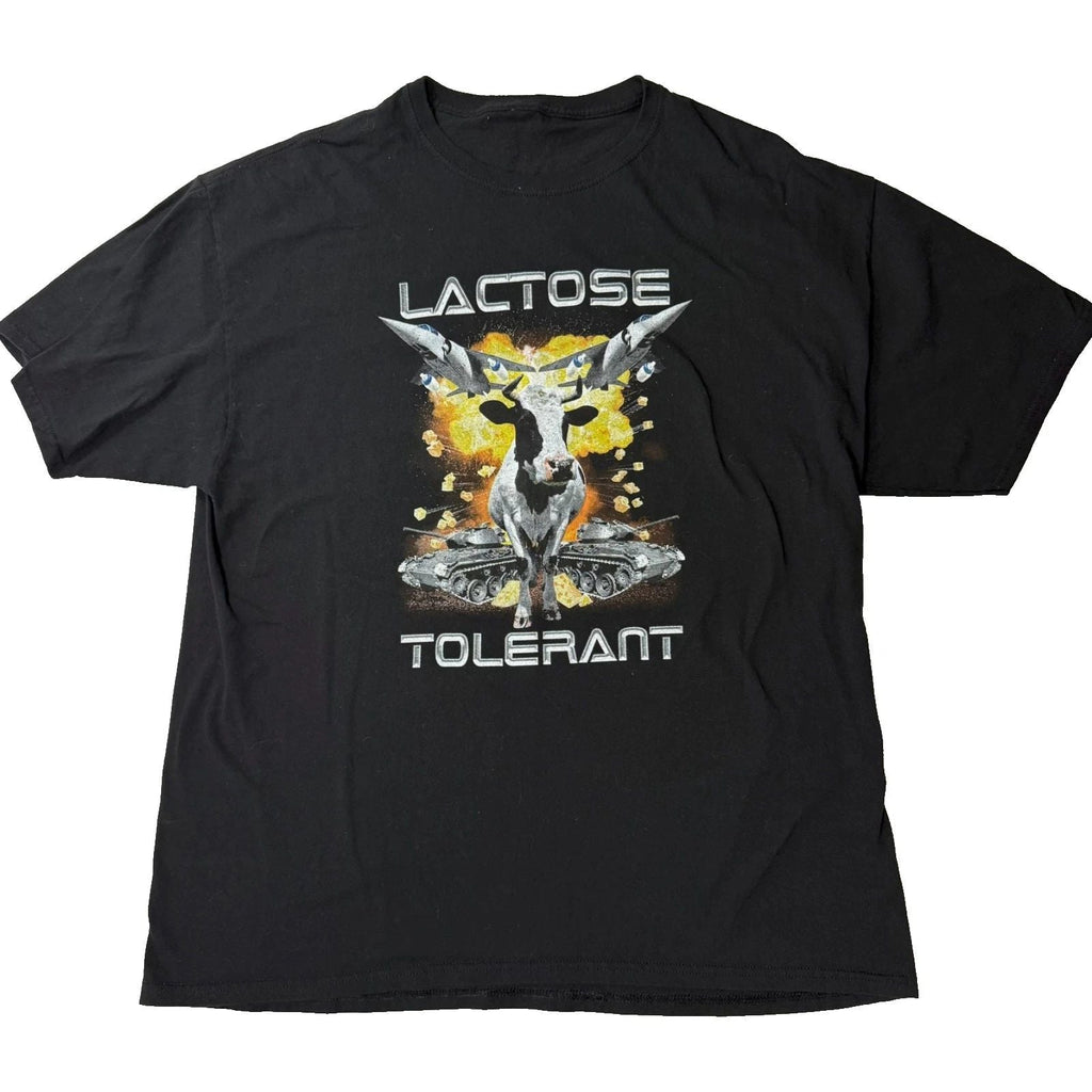 Men's Large T Shirt Funny Meme Lactose Tolerant Cow missiles Trendy EUC Shein Unisex