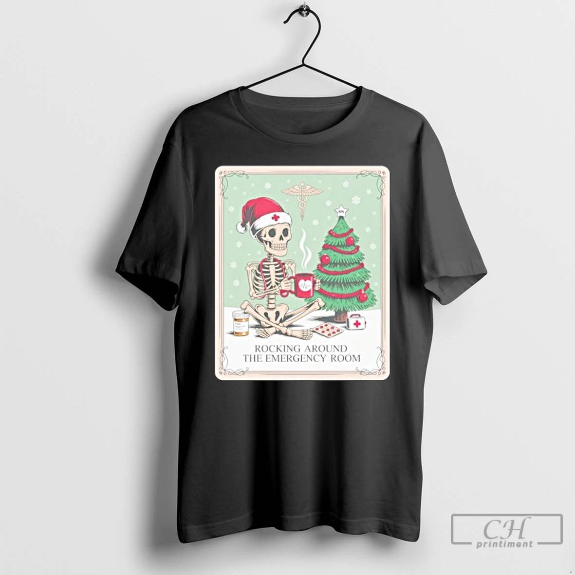 Classic Skeleton Santa Nurse Rocking Around The Emergency Room T Shirts Unisex