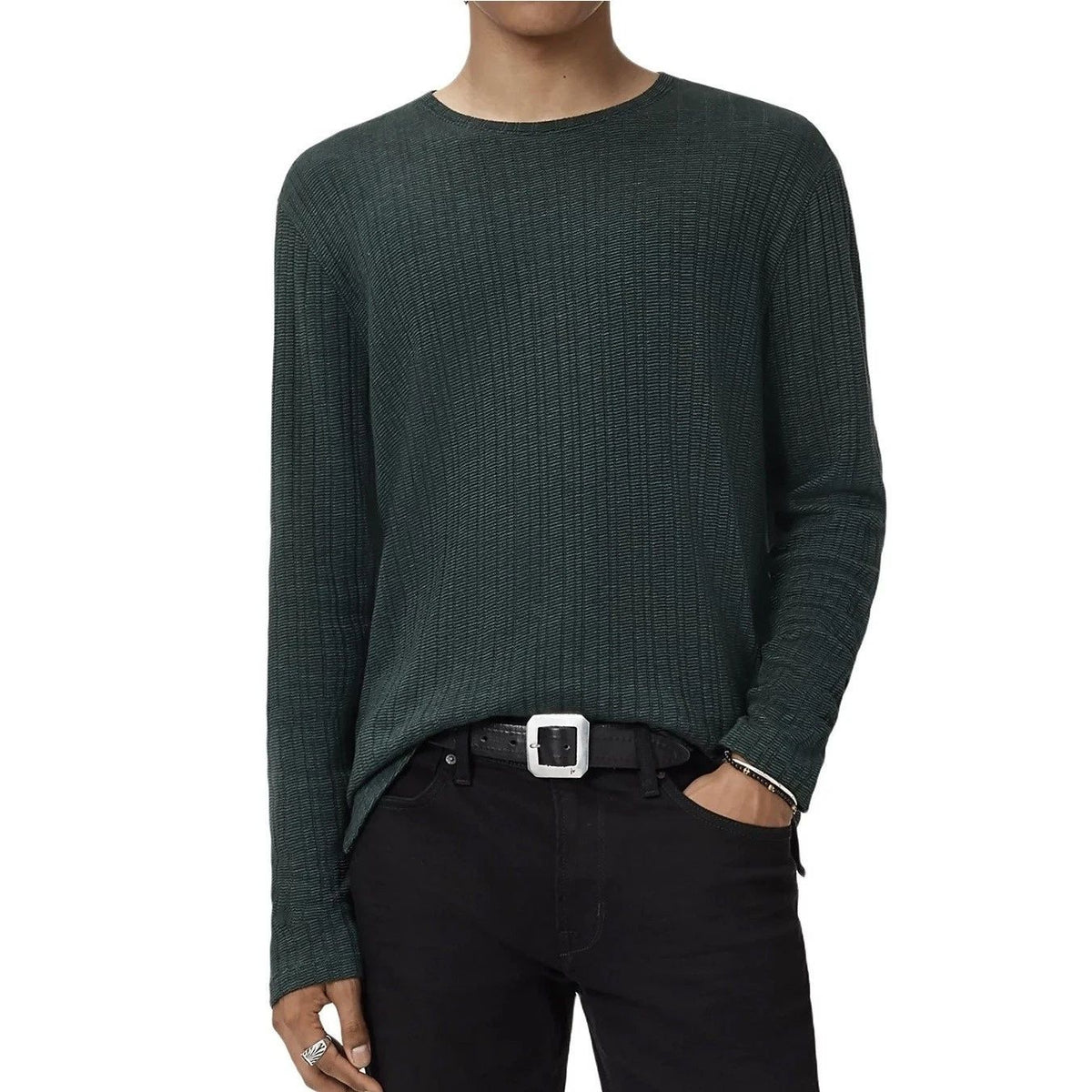 John Varvatos Collection Men's Long Sleeve Fern Feeder Rib Crewneck Tee Seaweed Unisex
