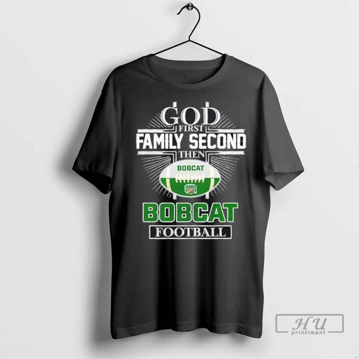 Trending God First Family Second Then Ohio Bobcats Football Cross T Shirts Unisex