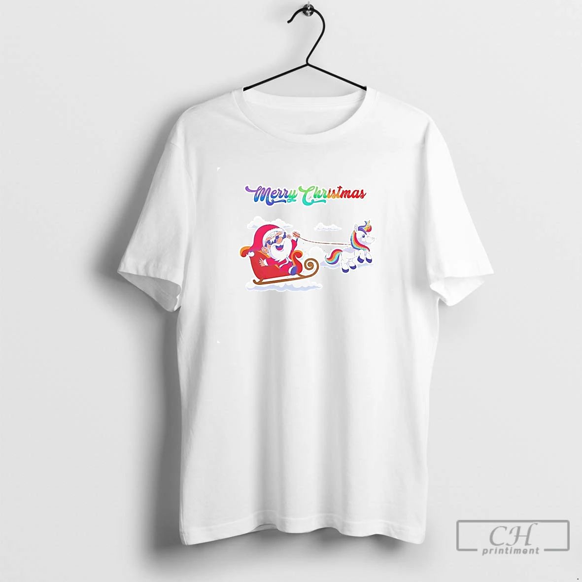 Classic Santa Sleigh Rainbow Unicorn Merry Christmas T Shirts Unisex