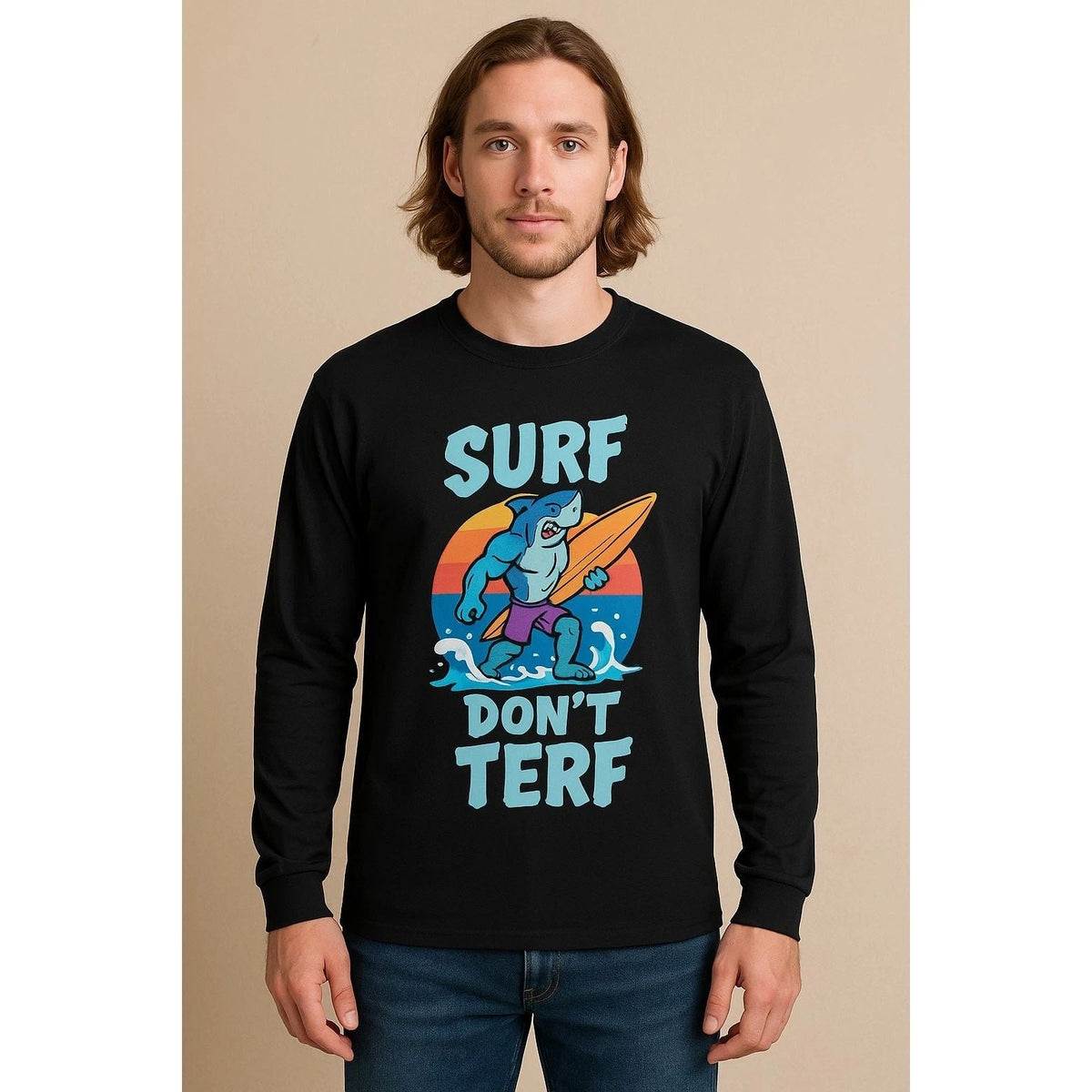 Gildan Mens Long Sleeve Surf Dont Terf Graphic Tshirt Size M Unisex