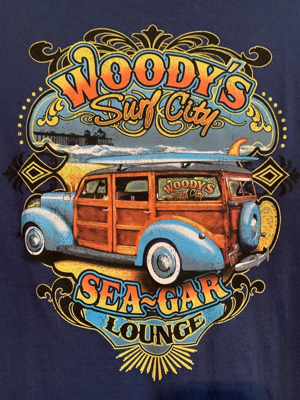 NWOT - Woody's Surf City Sea-Gar Lounge Adult Size L Navy Blue Short Sleeve Tee Unisex