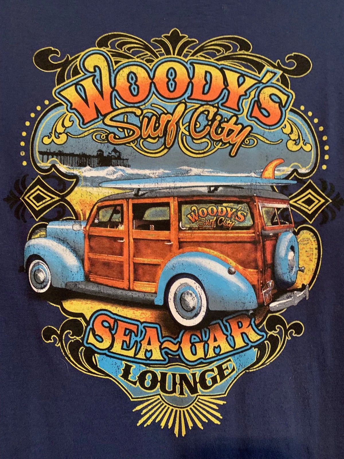 NWOT - Woody's Surf City Sea-Gar Lounge Adult Size L Navy Blue Short Sleeve Tee Unisex