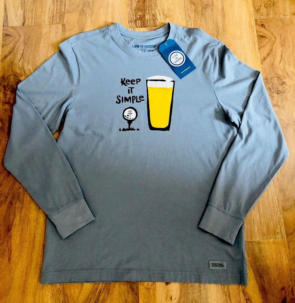 NWT Life Is Good Men Keep It Simple Golf Beer Cotton Gray Long Sleeve M Unisex